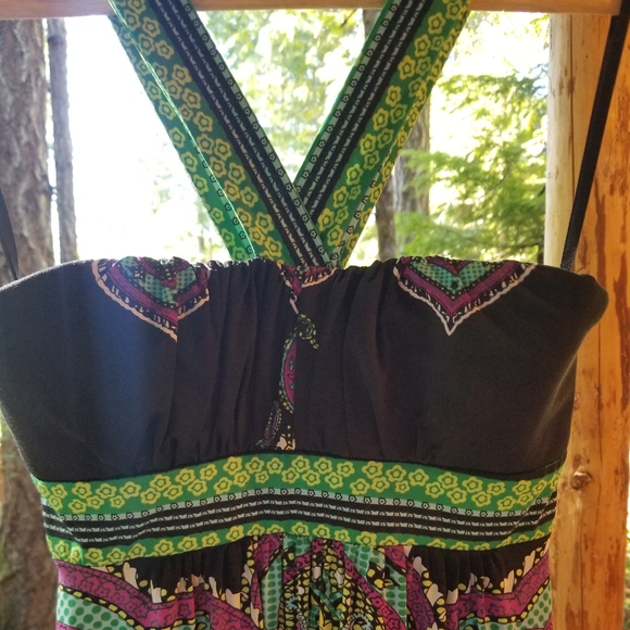 Maxi Aztec Dress Alyn Paige medium ladies Colorful Black Blue Long V neck open - Picture 10 of 13